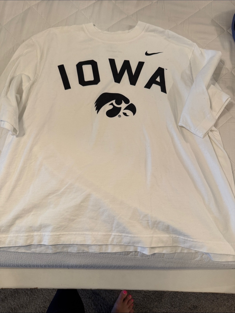 Nike White Tee with Black IOWA Arch and Hawkeye Logo
